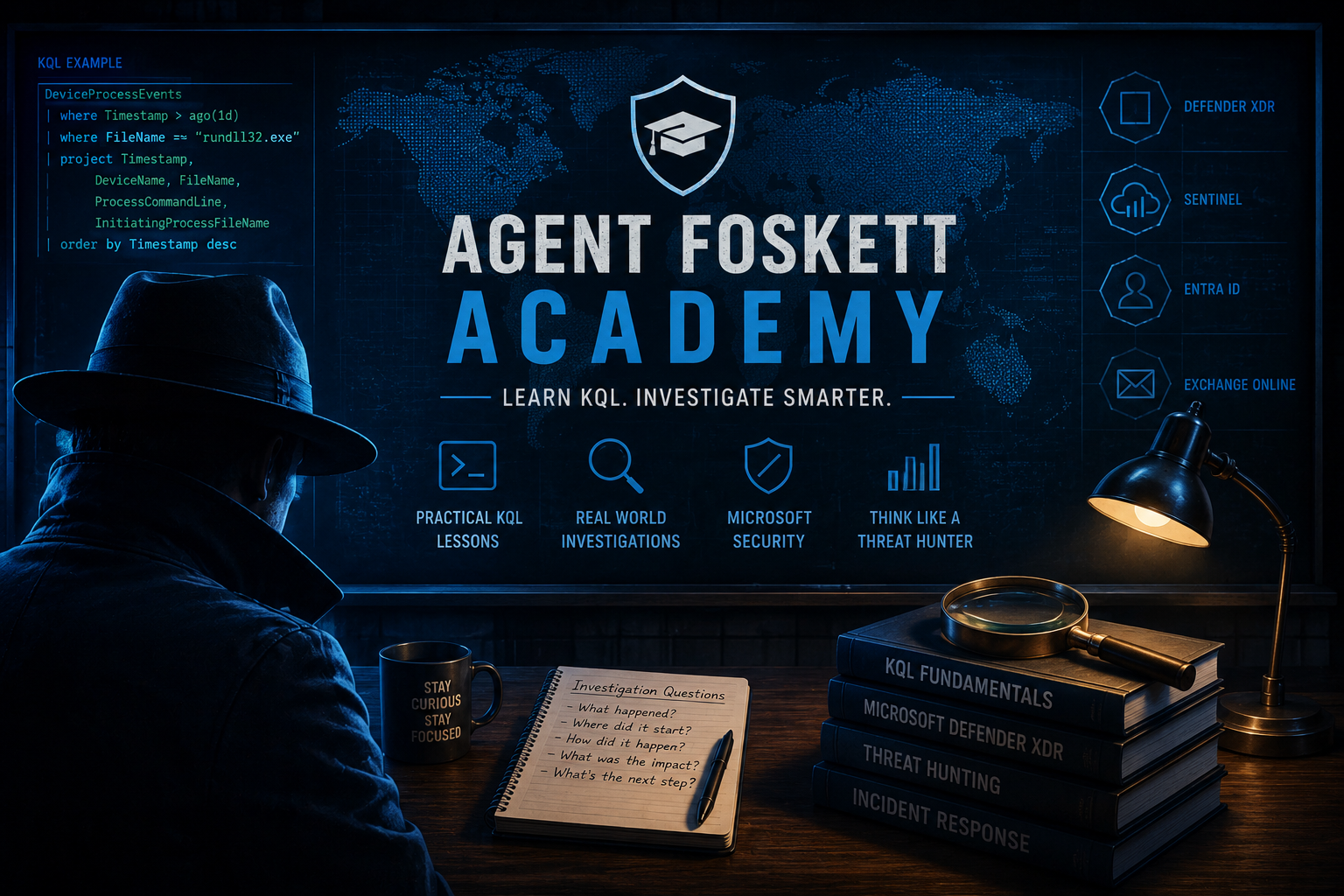 Agent Foskett Academy learning KQL through Microsoft Defender XDR investigations